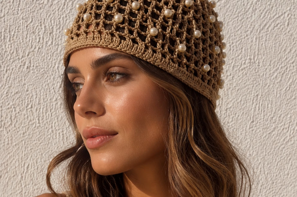Donna con cappello di paglia decorato con perline di perle, con capelli castani mossi e trucco naturale, vicino a un muro beige.