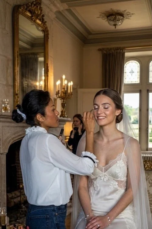 Une maquilleuse en train de maquiller une mariée souriante dans une pièce élégante avec miroir ancien et chandeliers.