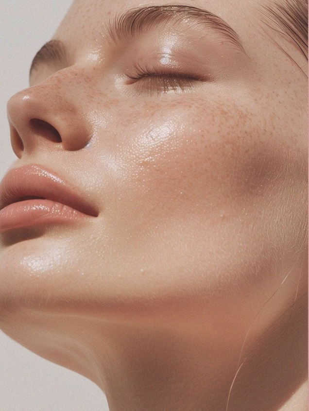 Close-up d'un visage de femme avec une peau claire, lisse et éclatante, yeux fermés, mettant en valeur la texture de la peau et les détails du visage.