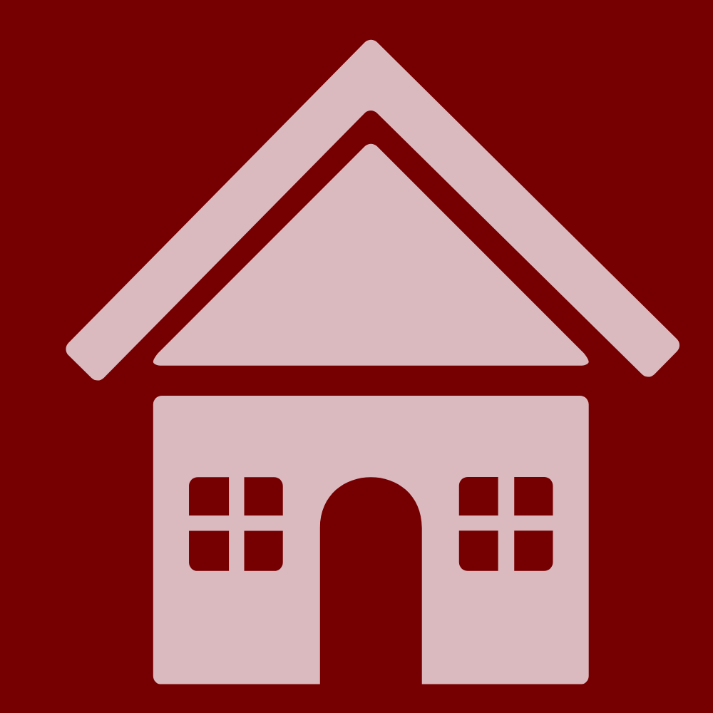 Icône de maison avec un toit pointu, fenêtres et porte au centre, sur fond rouge dégradé.