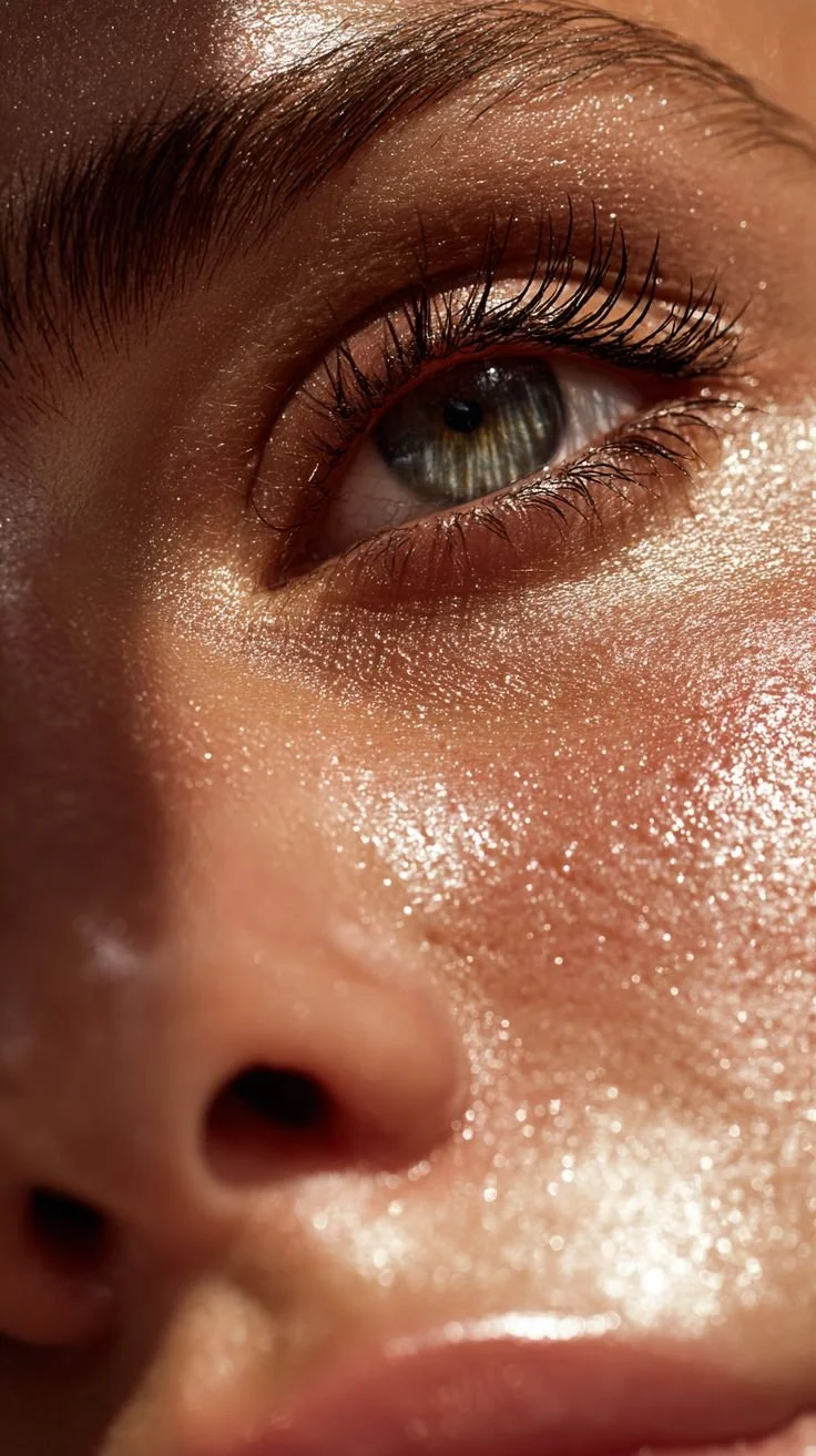 Gros plan d'un œil humain avec une peau brillant de maquillage scintillant et de lumière naturelle.