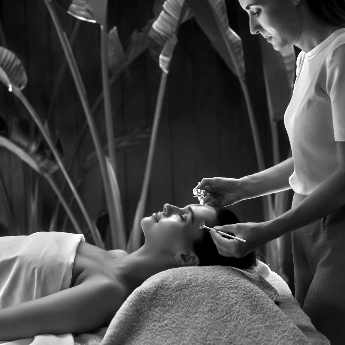 Une femme reçoit un traitement de maquillage ou un soin facial par une praticienne dans un environnement spa ou clinique, en noir et blanc.