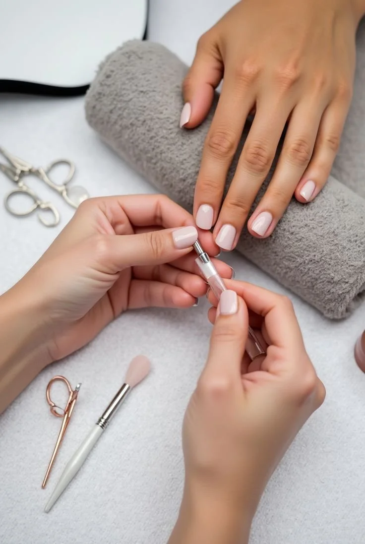 Une personne reçoit une manucure, en train de se faire appliquer du vernis sur les ongles.