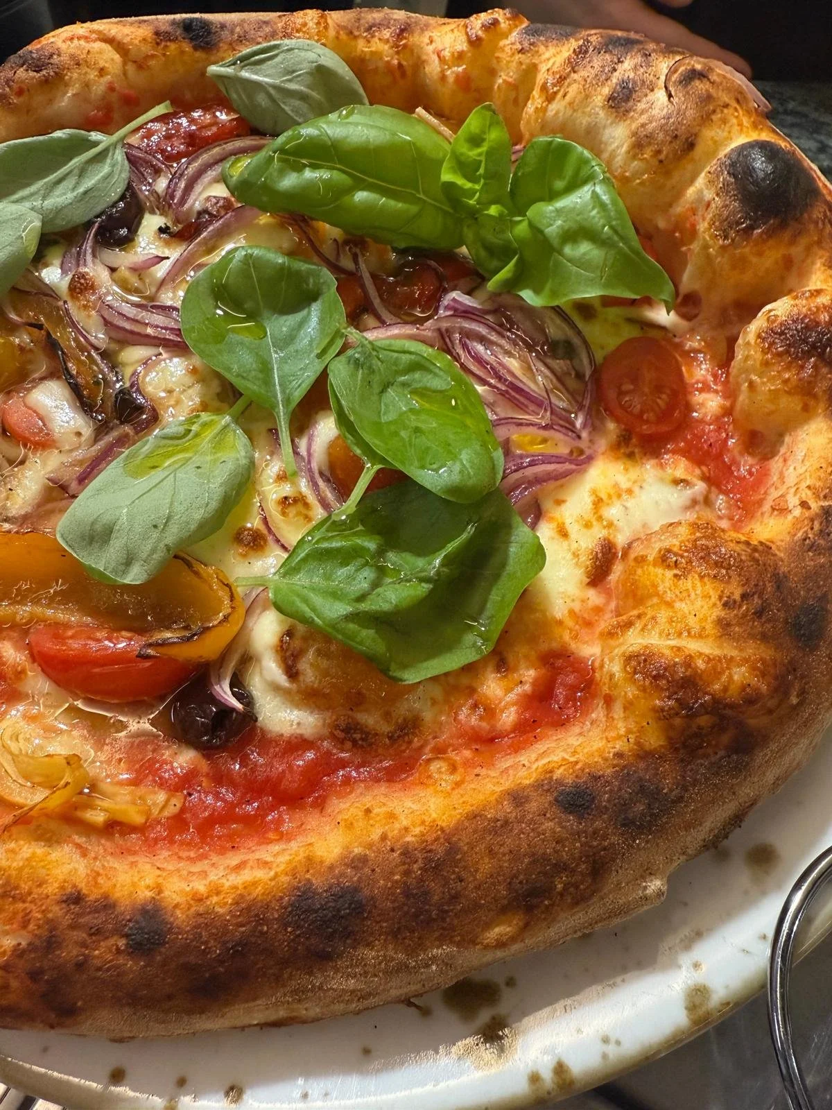 Una pizza con crosta dorata e leggermente bruciata, guarnita con pomodorini, cipolla rossa, e foglie di basilico fresco.