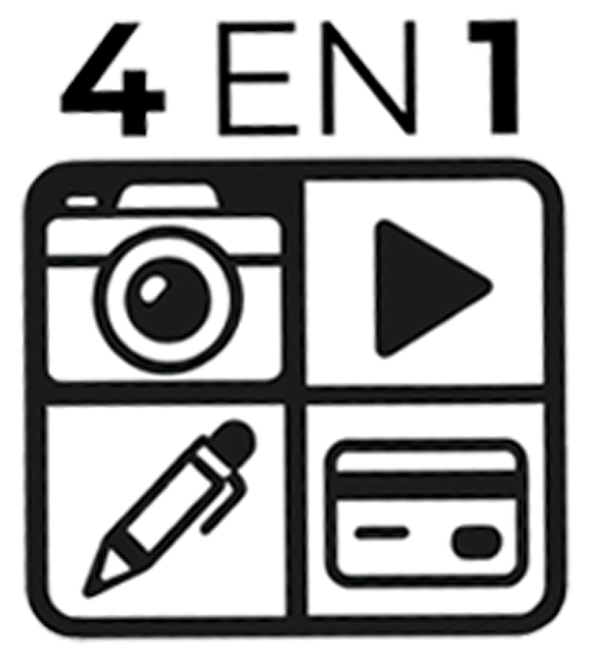 Icônes représentant une caméra, un bouton de lecture, un crayon, et un formulaire de paiement, avec le texte "4 ENT" en haut.