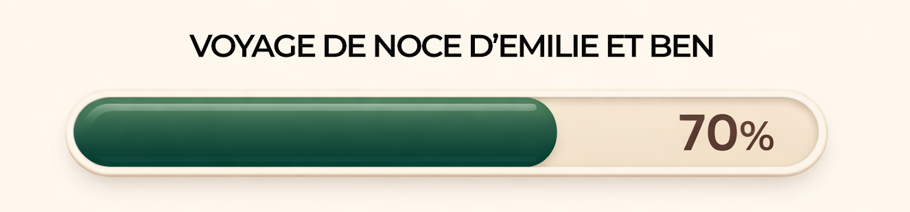 Barre de progression indiquant 70% pour le voyage de Noce d'Emilie et Ben.