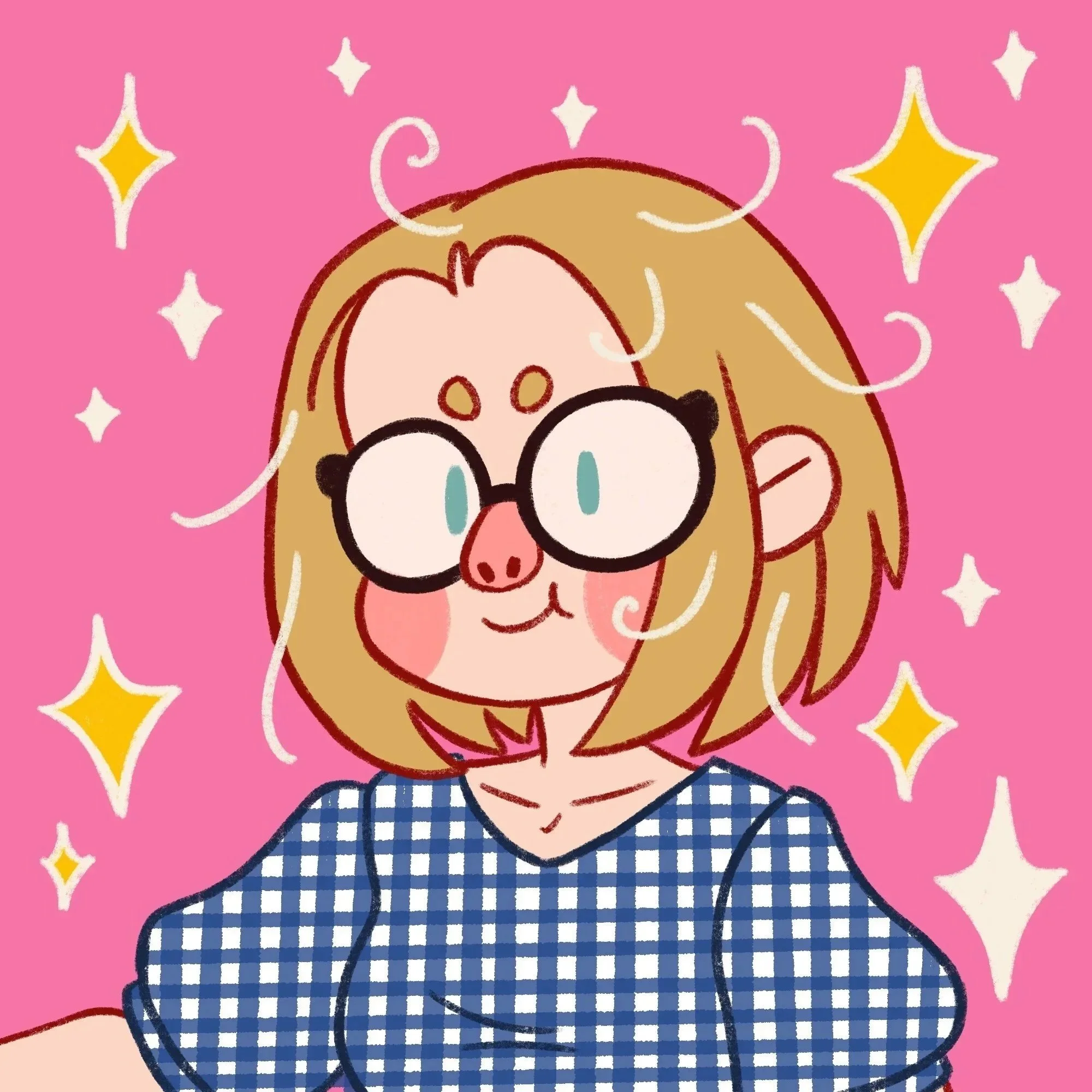 Cartoon illustration of a girl with glasses and blonde hair, pointing forward, on a pink background with yellow stars.