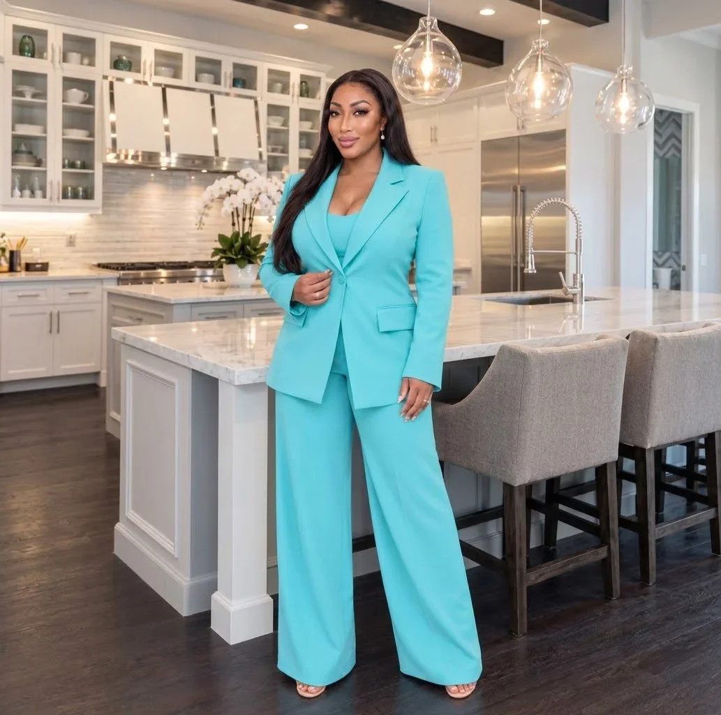 Leilani Rosejos, Luxe Society Realty advisor, wearing a blue suit in a bright home interior
