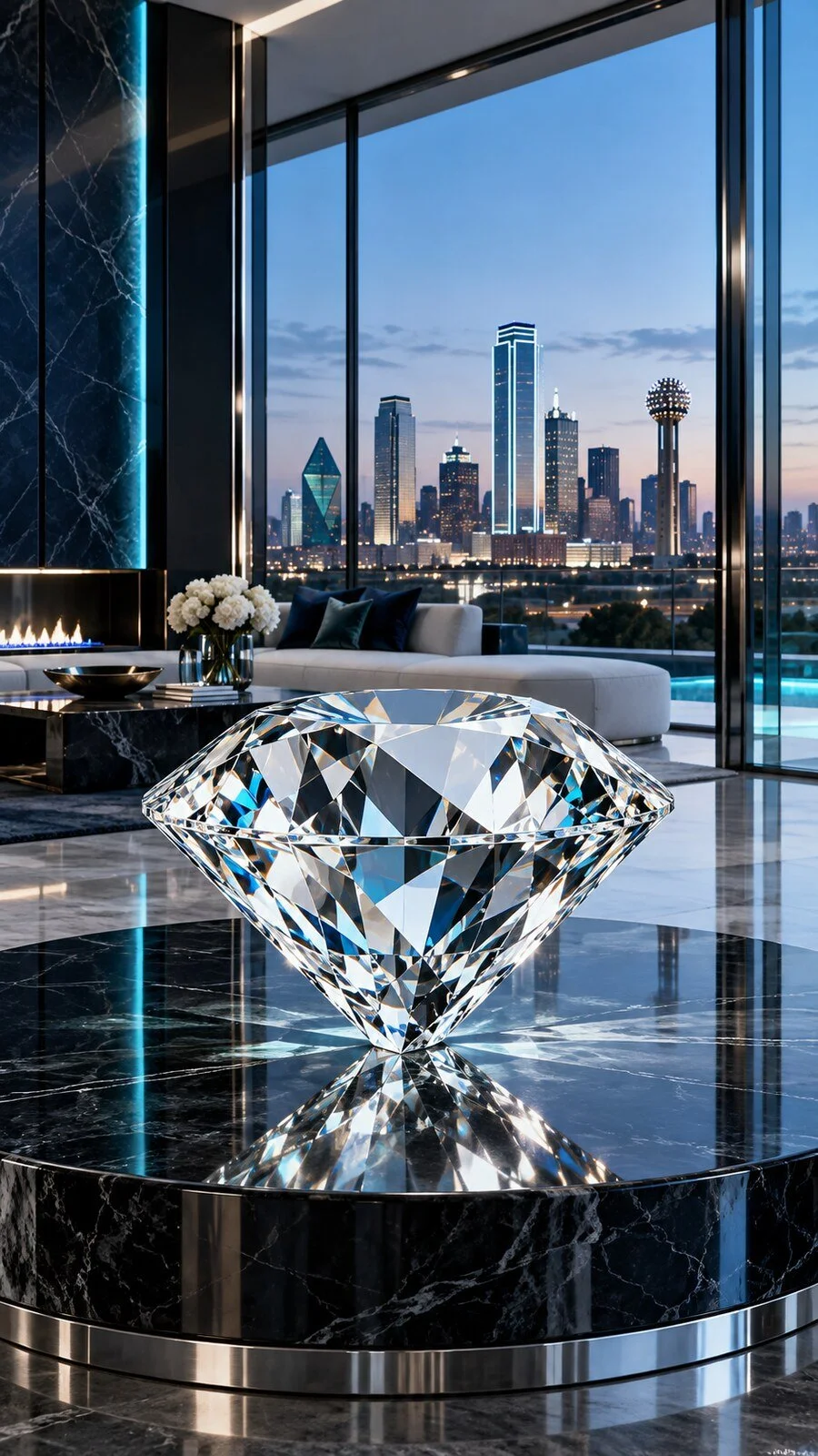 Faceted crystal diamond overlooking the Dallas skyline in a Luxe Society Realty interior