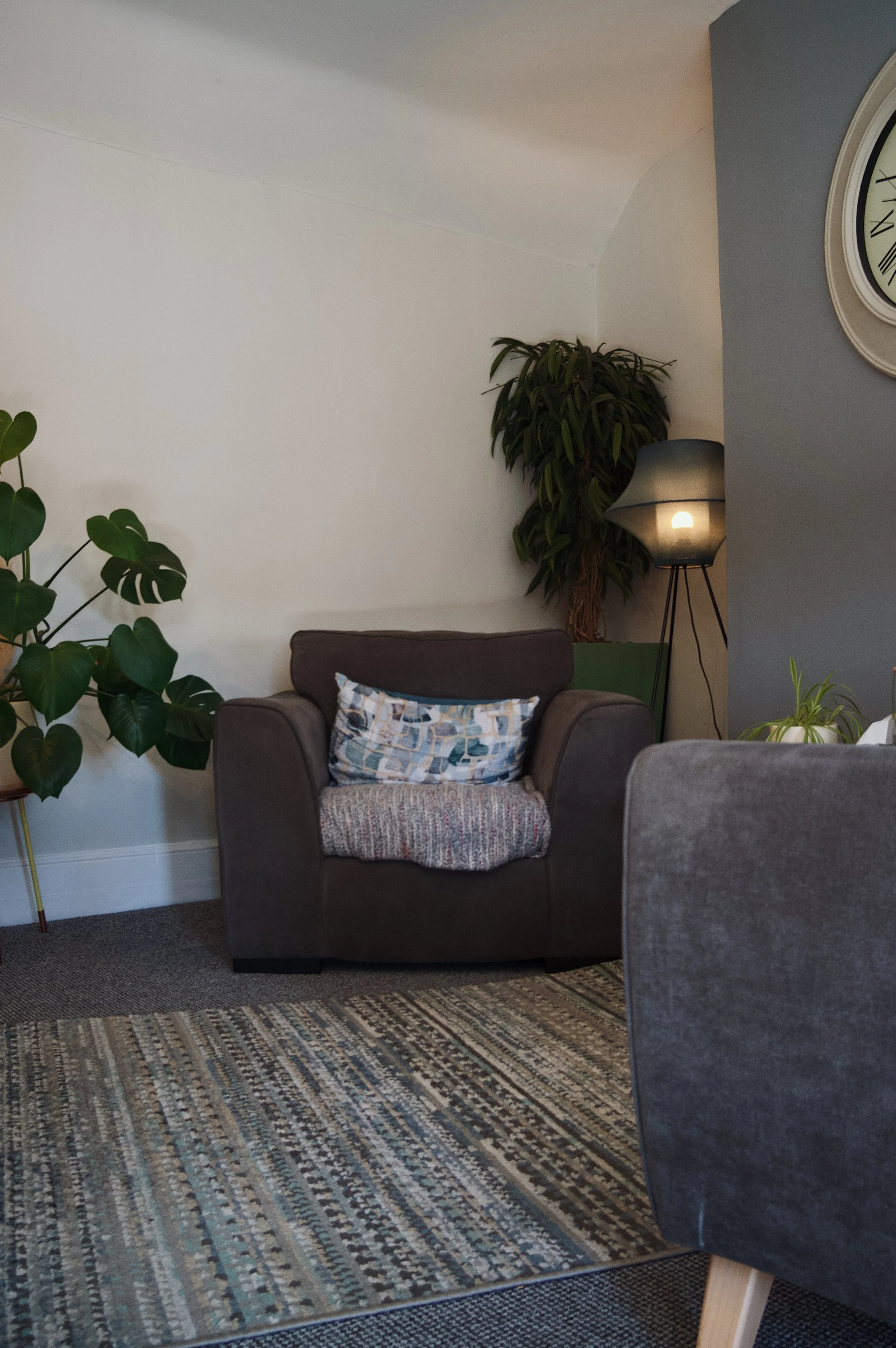 Living room corner with a brown armchair, decorative pillow, tall floor lamp, green leafy plants, a patterned rug, and a clock on the wall.