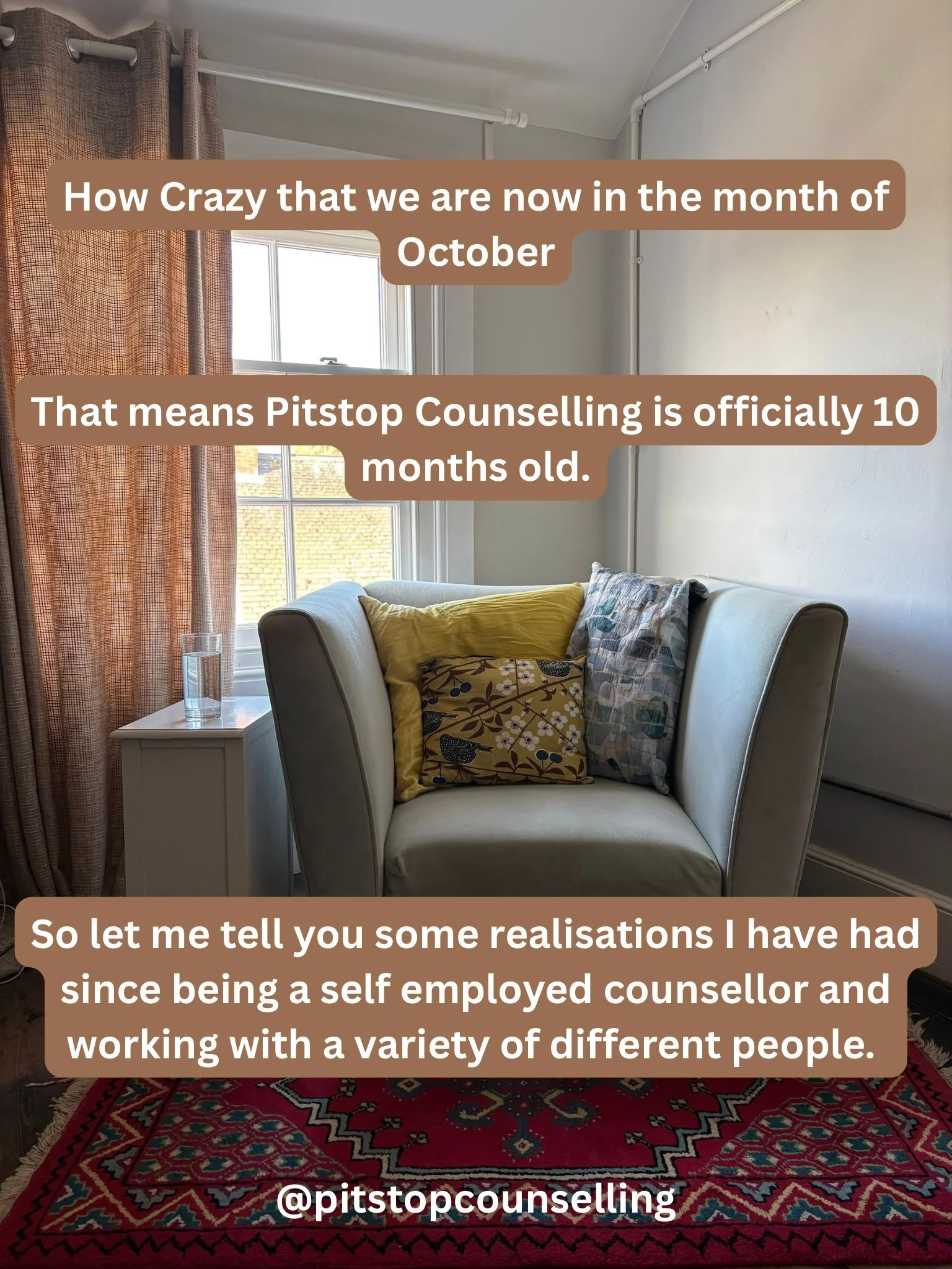 Realisations I have had since being a self employed counsellor for 10 months🤎

I am so happy to see that so many people have come for their first session and ALL returned for another. Starting at the year with only 1 client and only working 1 day a 