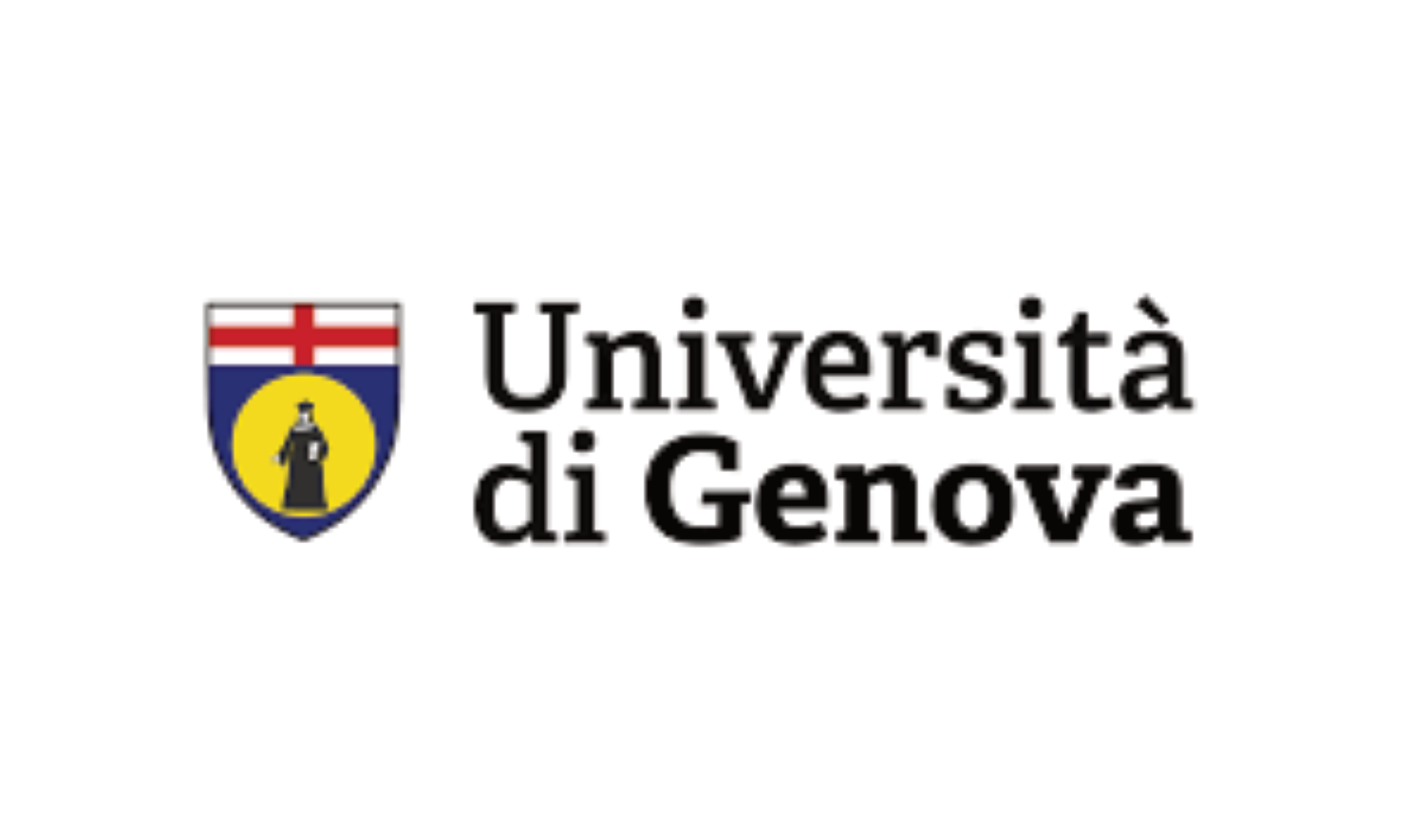 The logo of Università di Genova features a shield with a red cross on a white background at the top left, a small black figure in a white robe at the center of a yellow circle with a blue background at the bottom, and the name "Università di Genova"