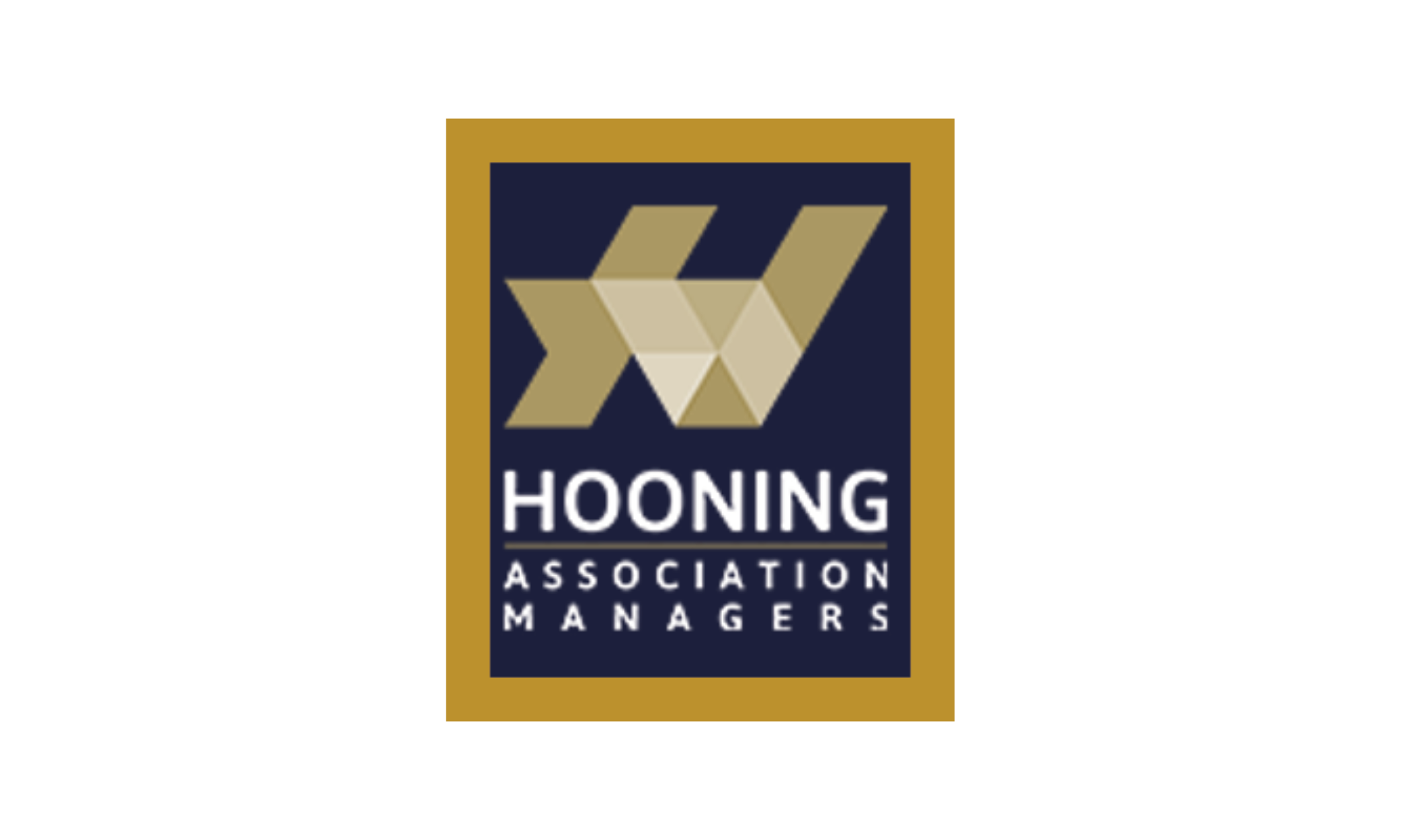 Hooning Association of Managers logo with stylized geometric design and text on a dark blue background, partially bordered by a gold rectangle.