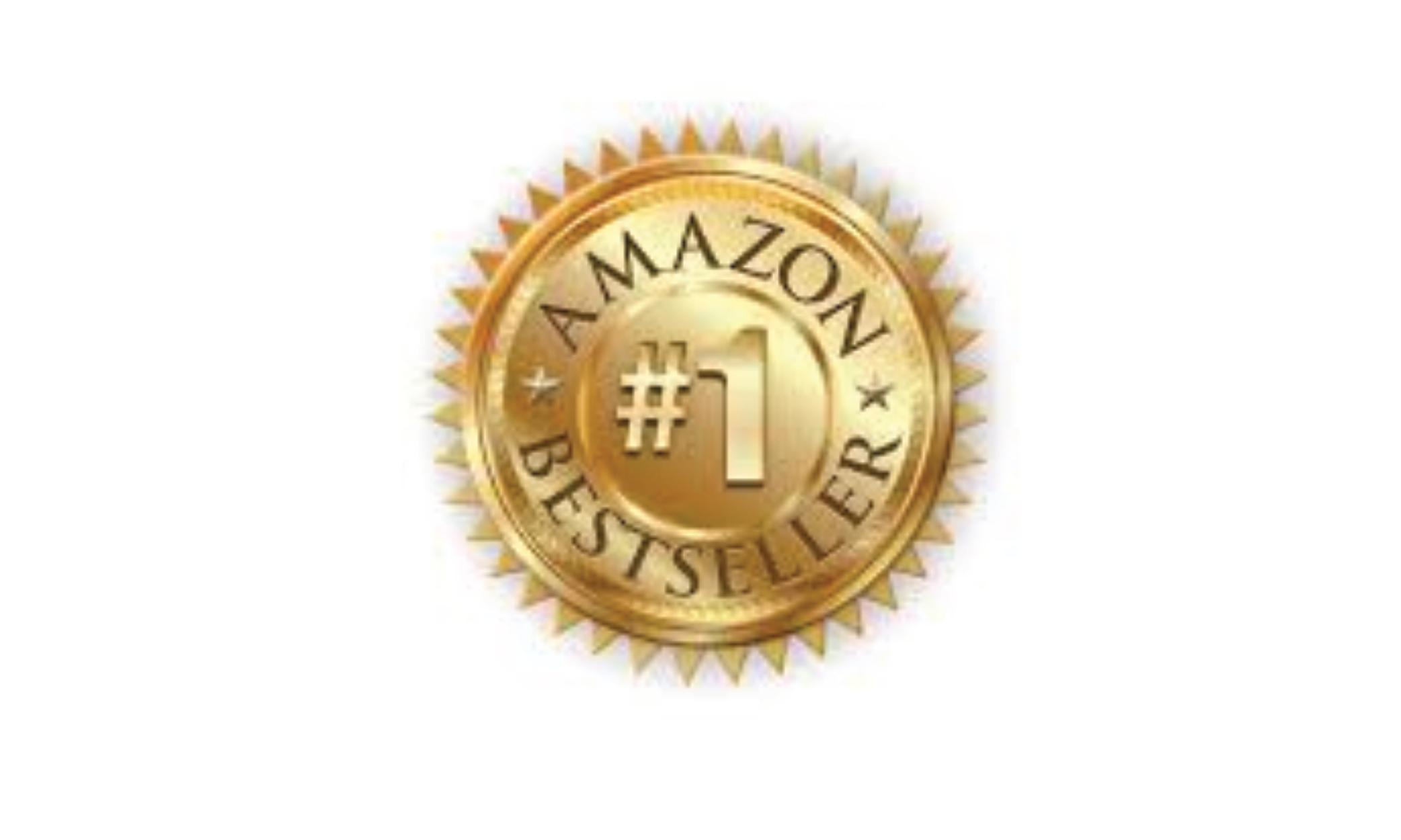 Gold medal with a starburst design, inscribed with '#1 Best Seller' and the words 'Amazon' and 'Books' around the edge.