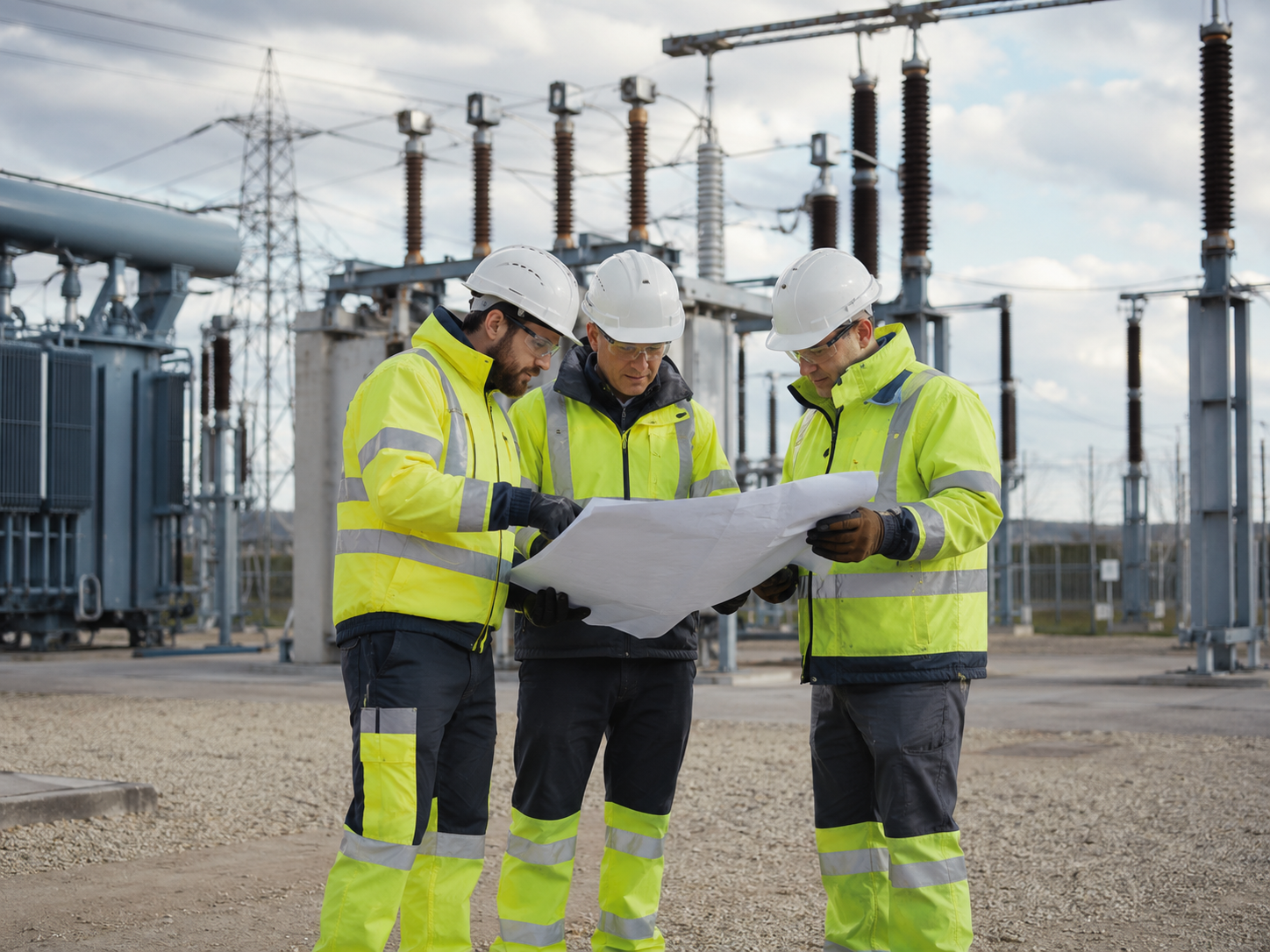 Electrical contractors in high-visibility PPE reviewing plans at a substation site.