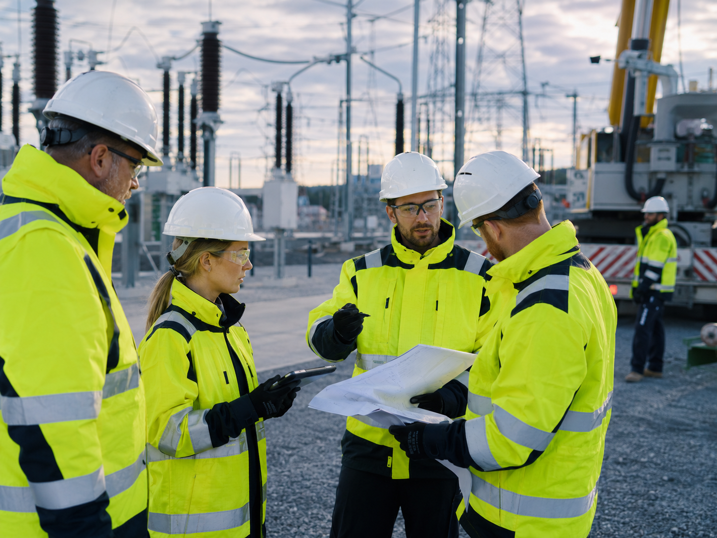 Project team in high-visibility PPE reviewing plans together at an electrical infrastructure site.