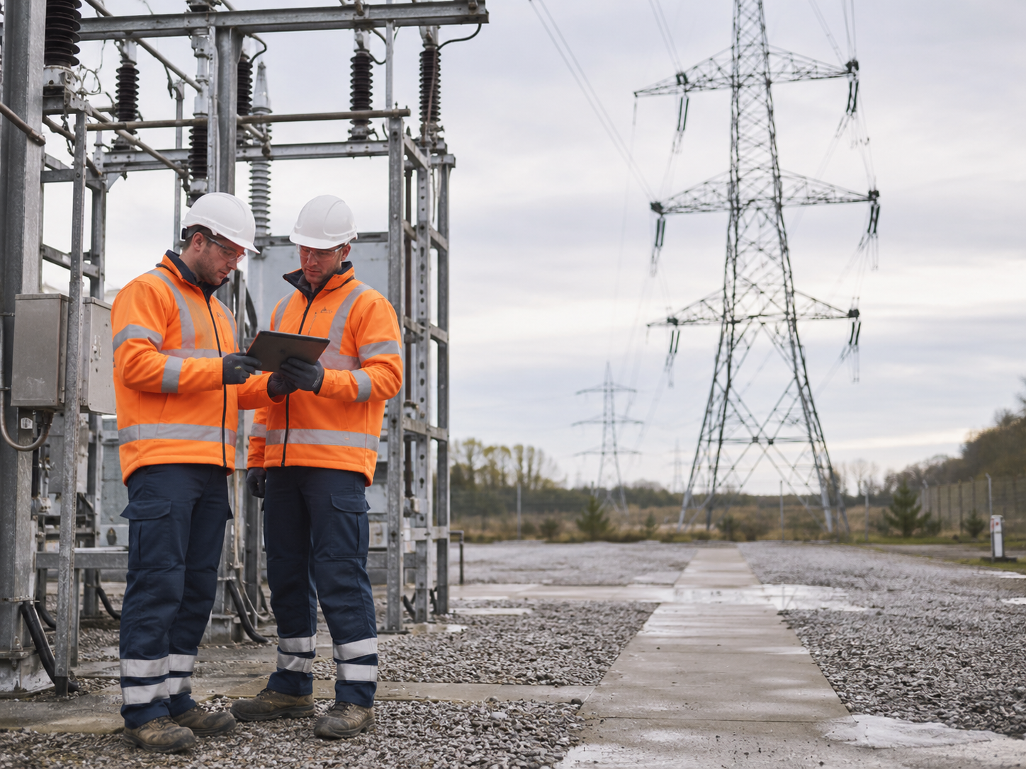 Electrical infrastructure workers in PPE assessing equipment at a high-voltage substation.