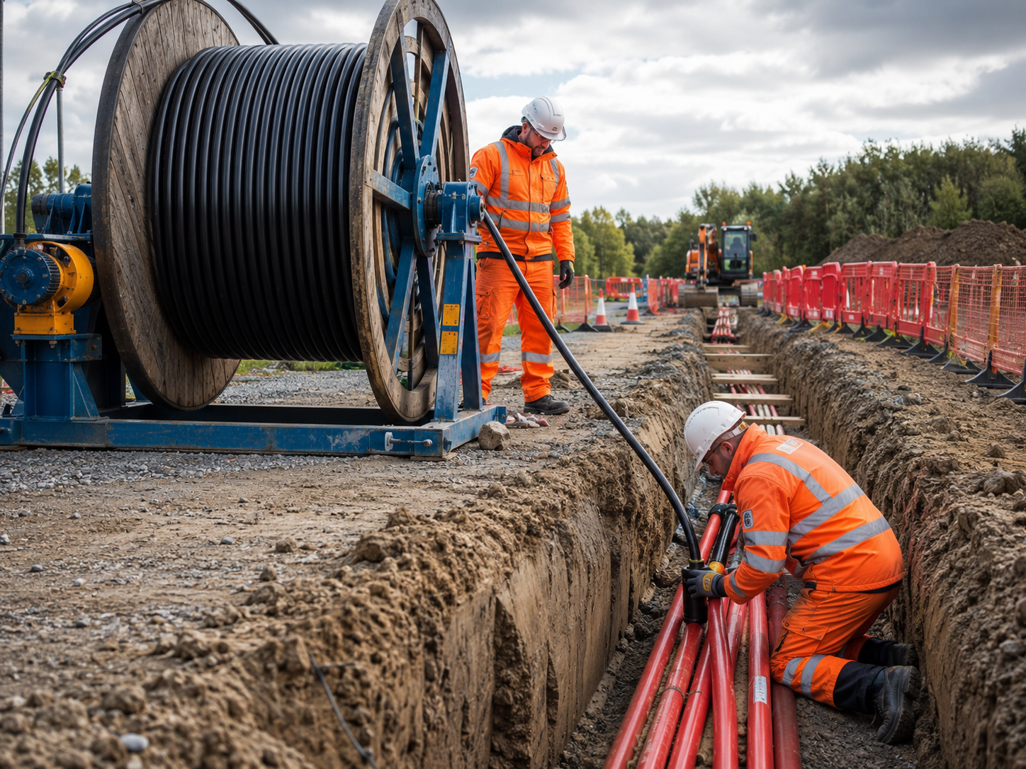 Civils workers installing cable routes beside a trench with cable drums and ducting on site.