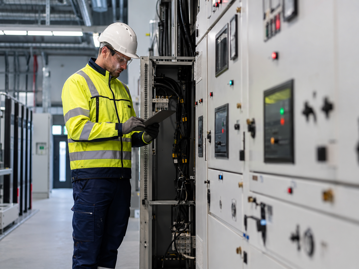 Electrical technician in PPE inspecting control panels inside an industrial electrical facility.