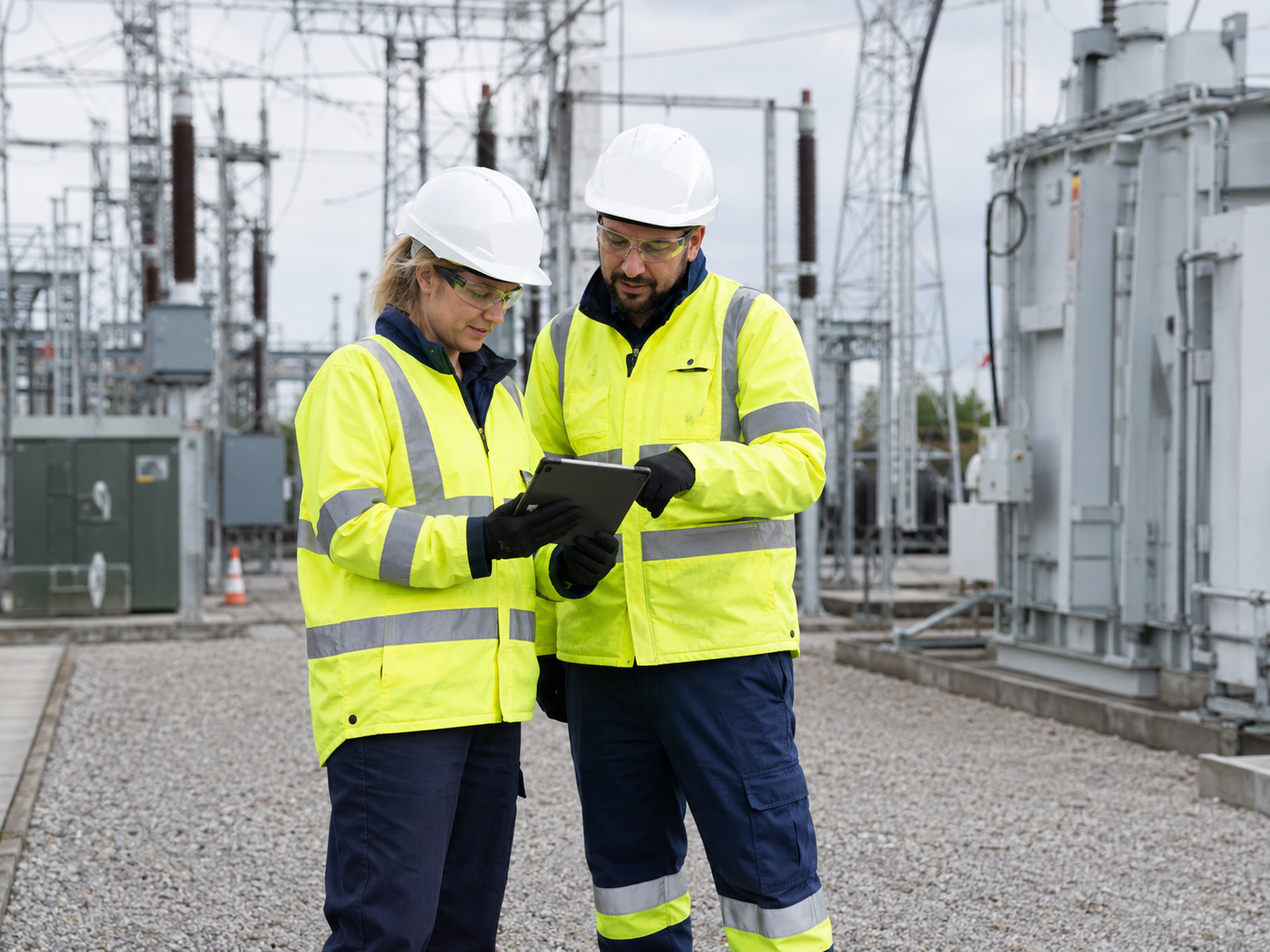 Site workers in high-visibility PPE using a tablet to coordinate electrical infrastructure works.