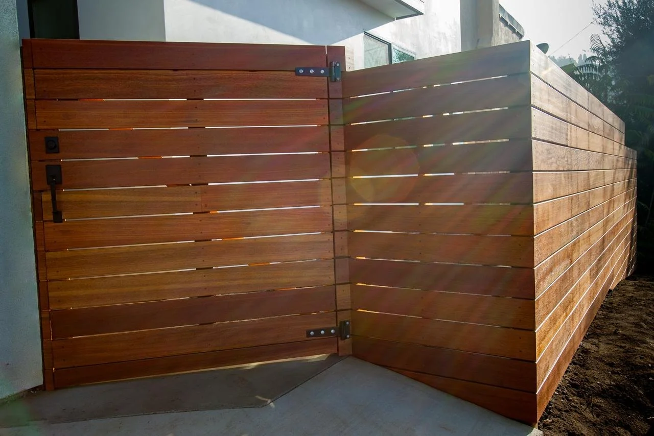Modern Red Mahogany Horizontal Slat Privacy Fence
