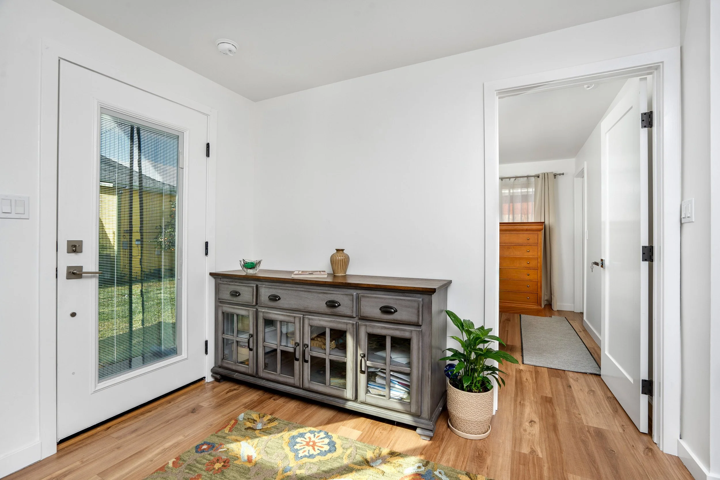Entryway with a white door with glass panels, a gray wooden sideboard with glass doors, a potted plant, decorative items, and a colorful rug, leading to a hallway with hardwood floors and a dresser in the background.