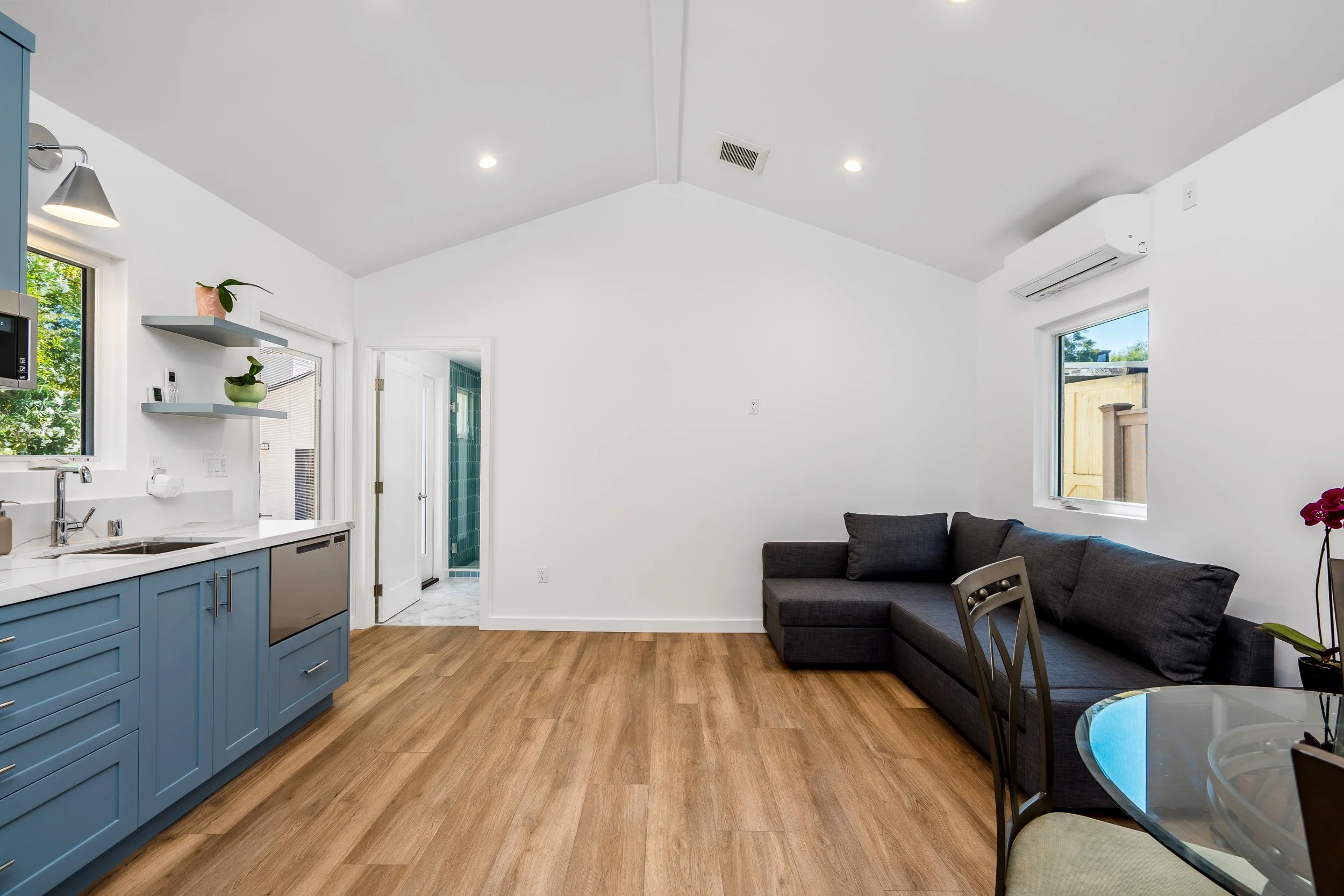 Living room with white walls, hardwood floor, blue kitchen cabinets, black sofa, dining table with chairs, large windows, and some potted plants.