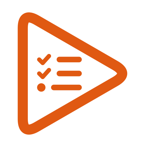 Orange play button icon with checkmarks and lines representing a playlist or checklist.