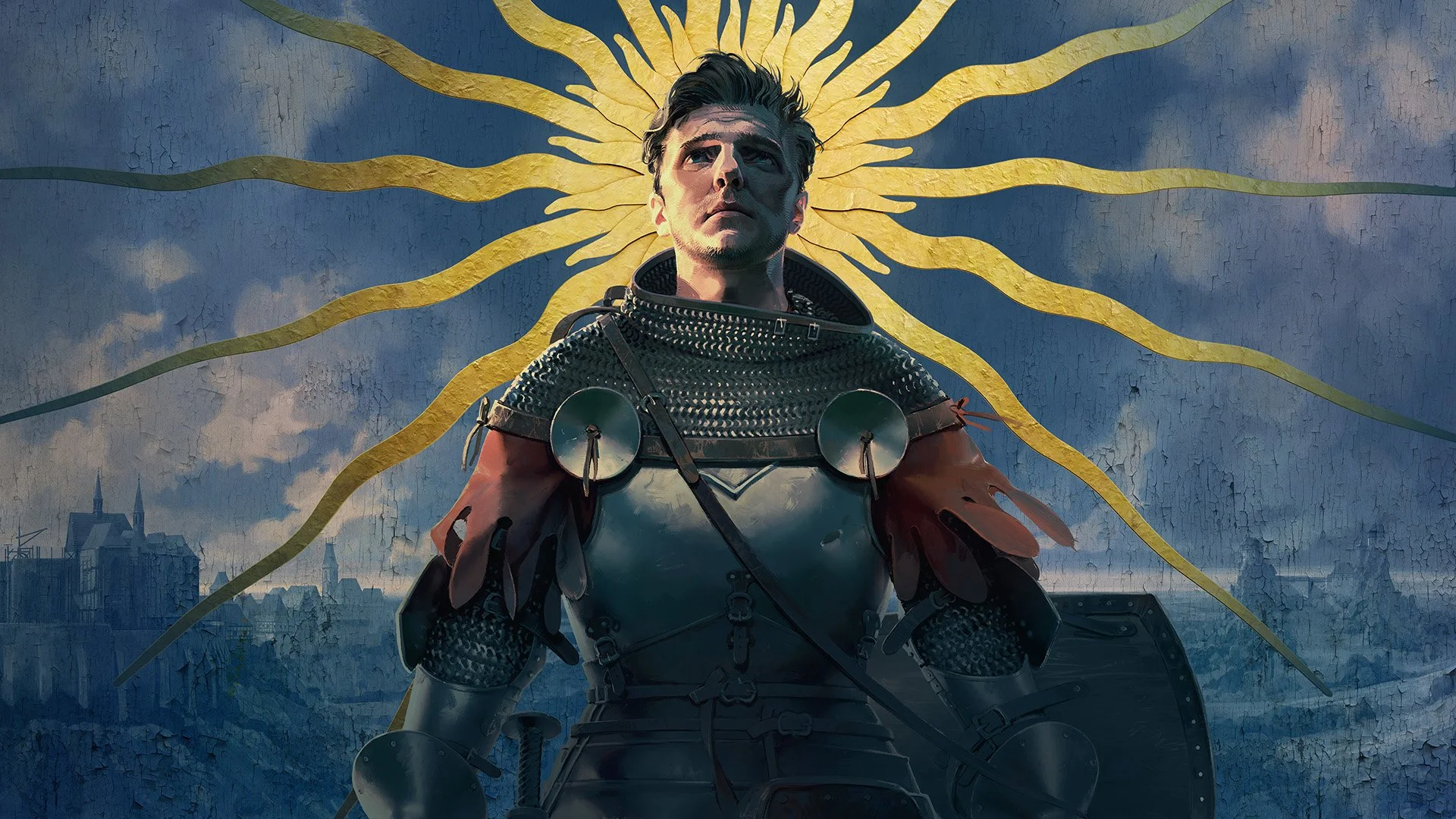 A person wearing futuristic armor stands in front of a graffiti-style mural of the sun with yellow rays radiating from behind them, painted on a weathered wall.