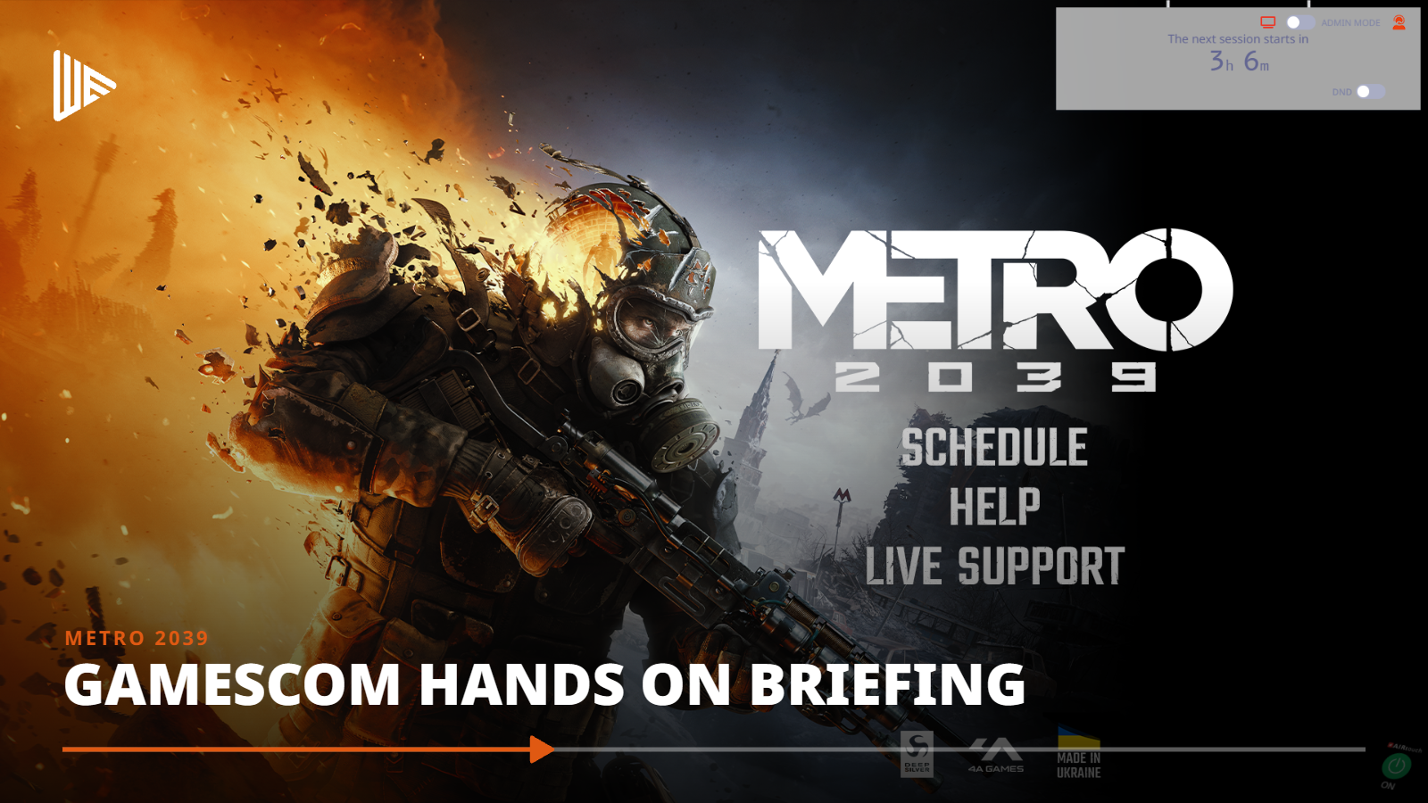 Promotional image for the video game Metro 2039 featuring a soldier in tactical gear and a gas mask holding a rifle amid an explosion, with game menu options including Schedule, Help, and Live Support, and the title 'Metro 2039' prominently displayed.