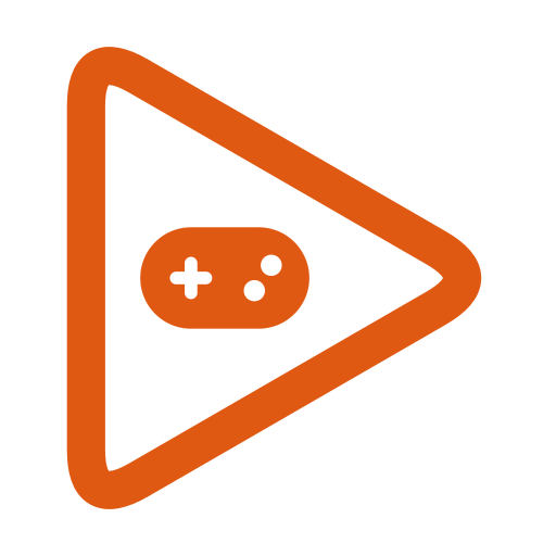 Icon of a video game controller inside a play button outline on a black background.