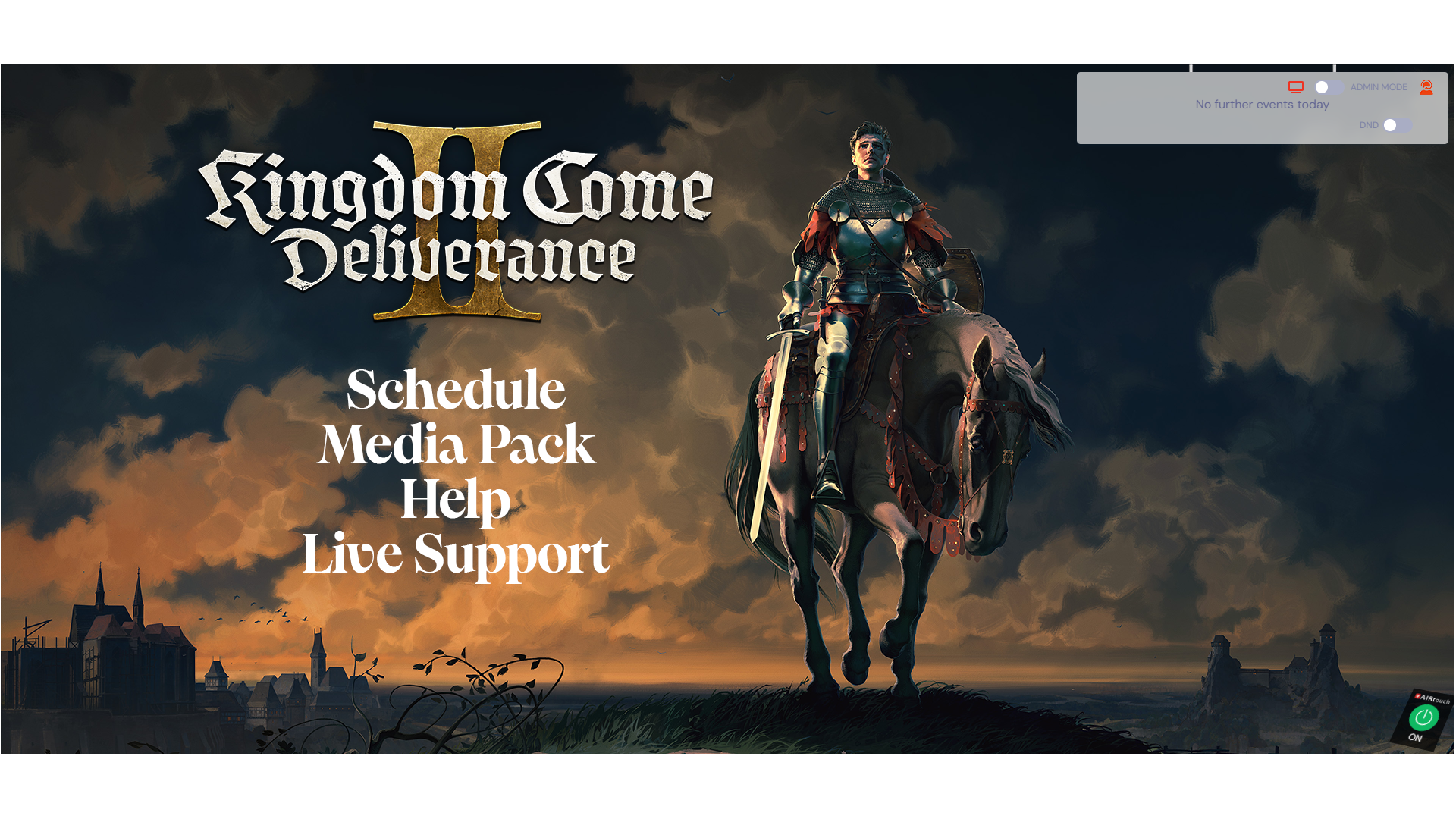 Digital event menu screen for 'Kingdom Come: Deliverance II' showing a knight in armour riding a horse against a cloudy sunset sky with options for Schedule, Media Pack, Help, and Live Support.