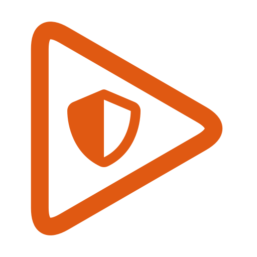 An orange play button icon with a shield symbol inside on a black background.