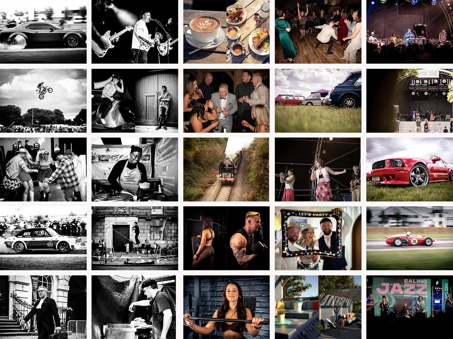 A collage of various scenes from a festival or outdoor event, including cars, live music performances, food and drinks, people dancing and socializing a train, vintage cars, a woman cooking, a portrait, a light show, a jazz band, and a modern outdoor seating area