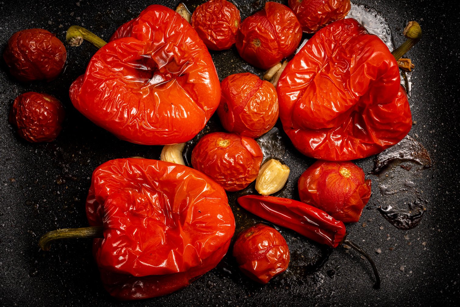 Red bell peppers, cherry tomatoes, garlic, and a red chili pepper roasting in a pan.