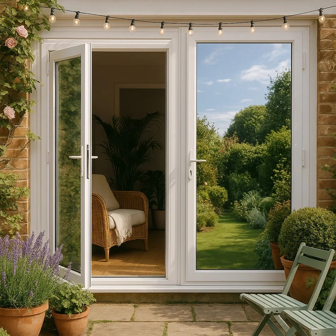 Open glass patio doors leading to a backyard garden with lush green trees, potted plants, and a green lawn under a partly cloudy sky, with string lights hanging above.