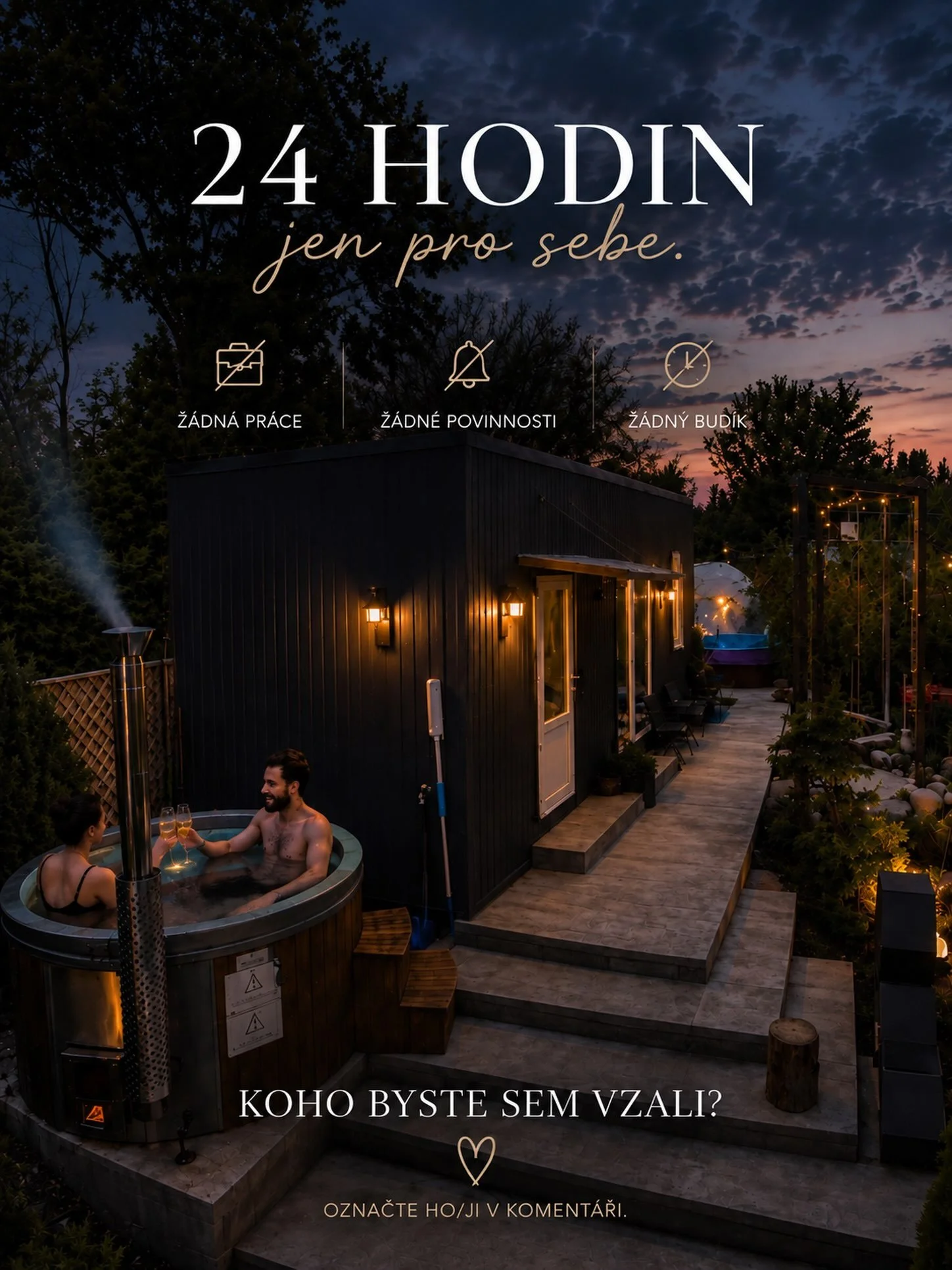 24 hodin jen pro sebe. 🤍

Bez pr&aacute;ce. Bez povinnost&iacute;. Bez bud&iacute;ku.
Jen vy dva, tepl&aacute; voda, večern&iacute; klid a chv&iacute;le, kter&eacute; nikam nespěchaj&iacute;. ✨

Tohle je The Lotus 🌿
Jedno z m&iacute;st Garden Resid