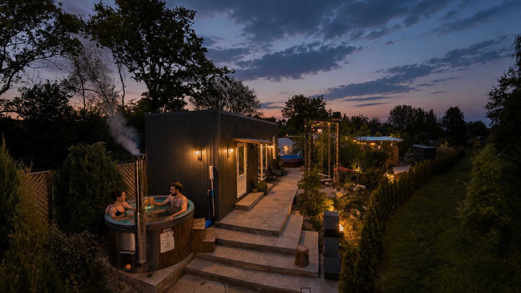 Two people enjoying a hot tub on a backyard patio at dusk with string lights and a vegetable garden.