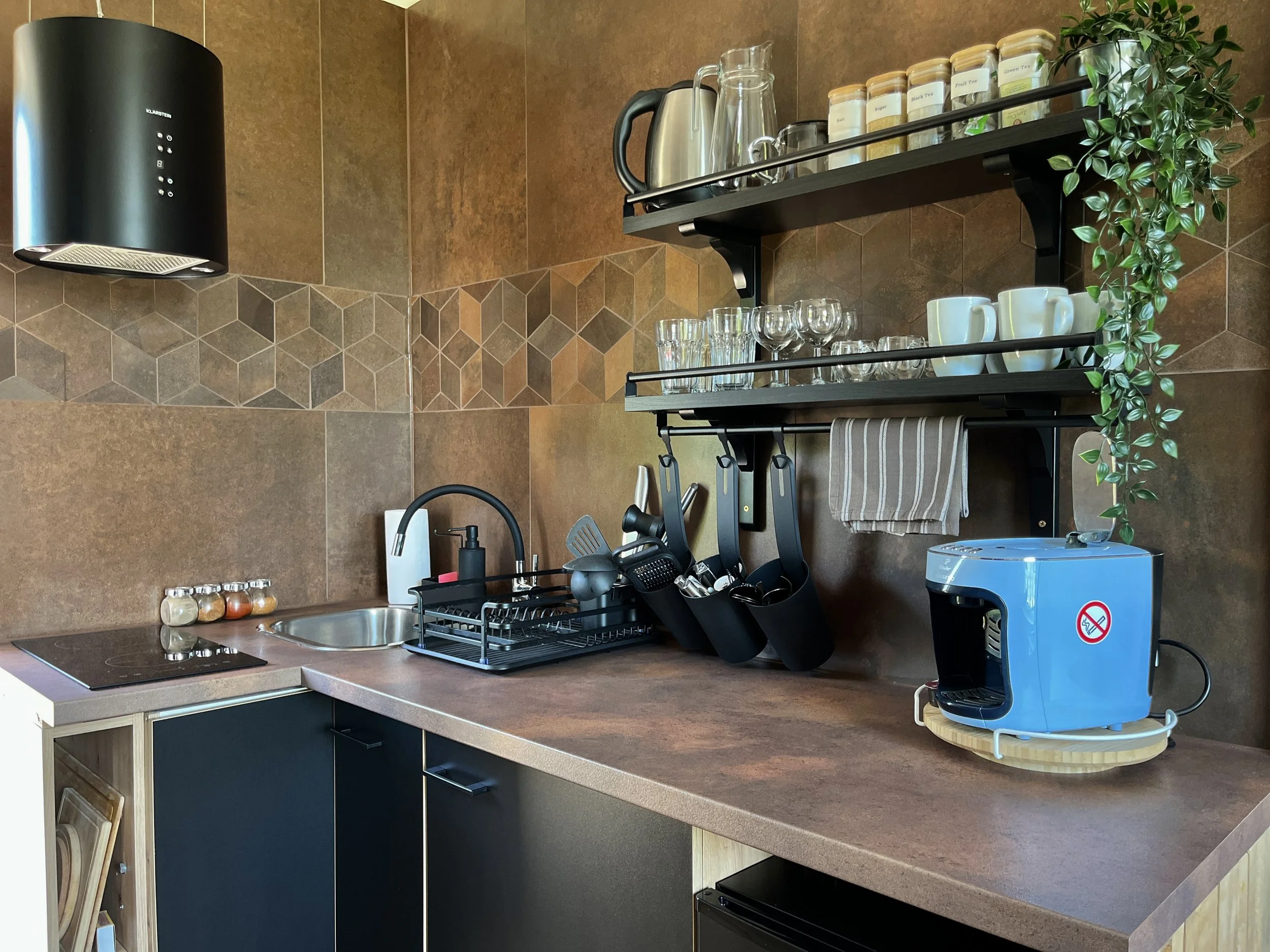 A kitchen countertop with a black sink, soap dispenser, spice jars, electric stove, dish rack with utensils, a blue coffee machine, shelves with cups, glasses, coffee canisters, and a potted plant against a tiled backsplash.