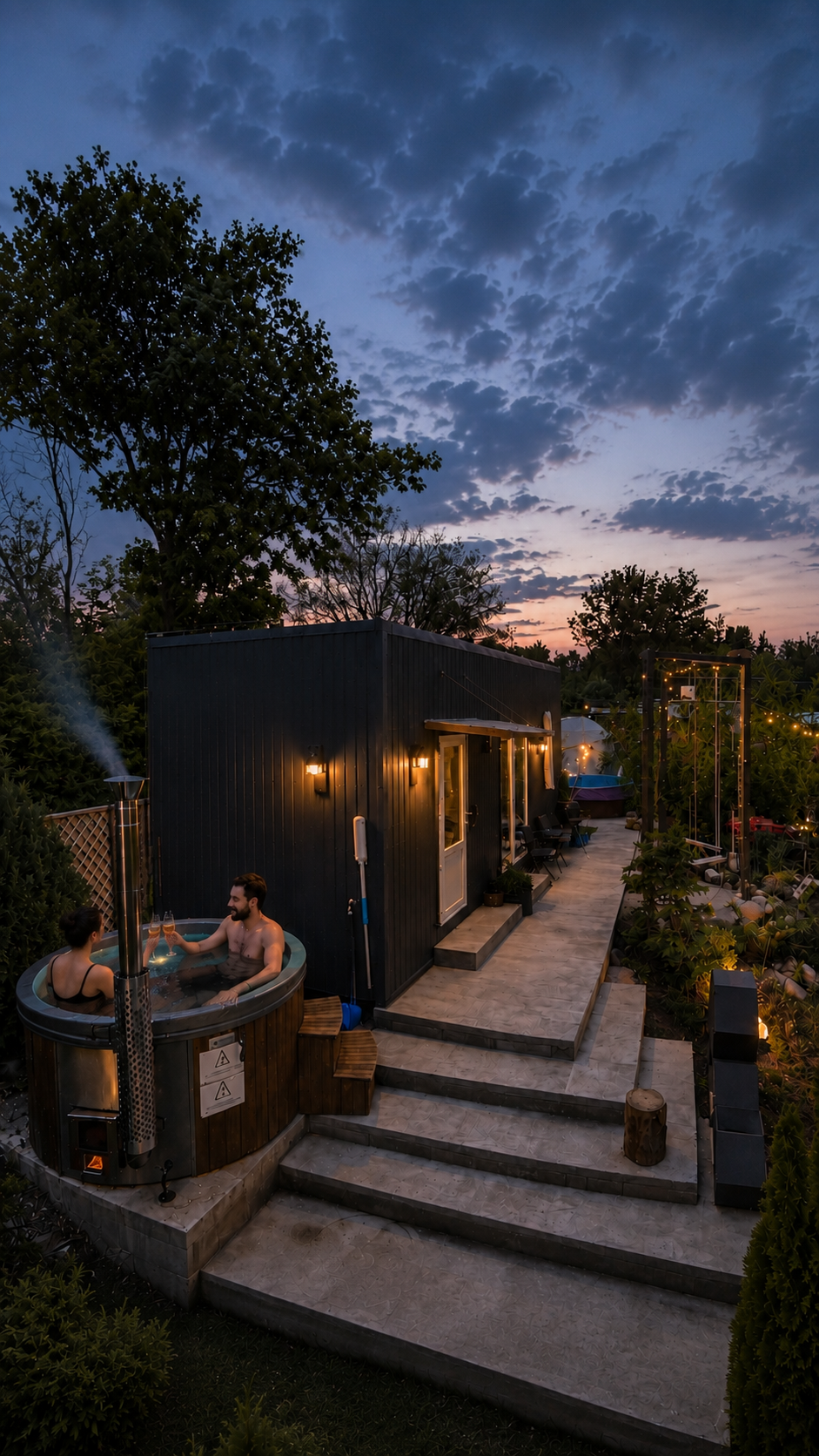Romantický pobyt ve dvou v horké vaně na terase glampingu Garden Residence s výhledem do přírody.
