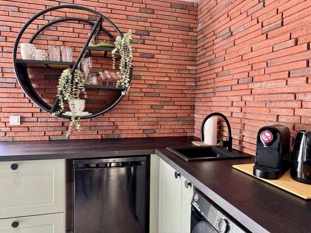 A modern kitchen corner with a black countertop, a small black sink with a faucet, a paper towel holder, a coffee machine, a kettle, and a mini refrigerator set against a red brick wall. A decorative circular black metal shelf with plants and glassware is mounted on the wall.