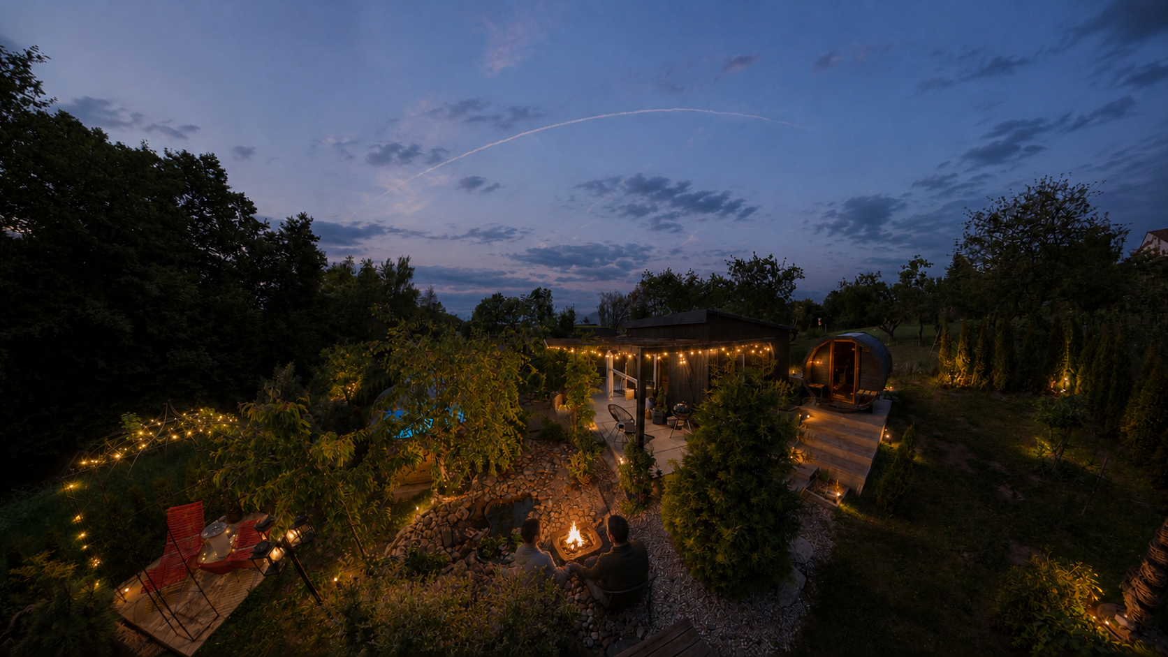 Večerní pohled na soukromý glamping Garden Residence s ohništěm, saunou a zahradou. Romantické wellness ubytování ve Středních Čechách.