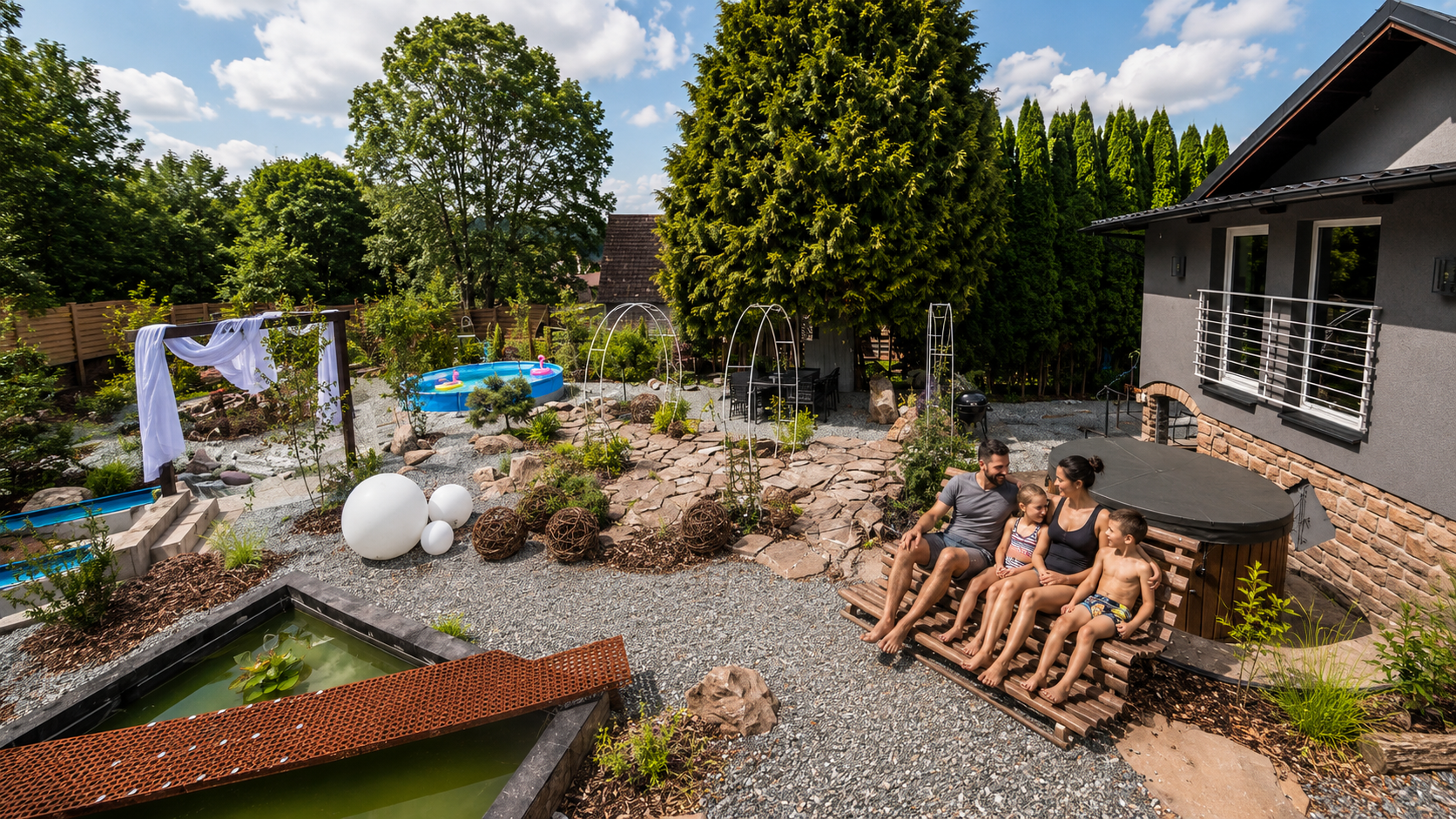 A family of four sitting on a wooden bench in a backyard with various outdoor decorations, including a hot tub, a small pond, a kiddie pool, and a clothesline, under trees and a partly cloudy sky.