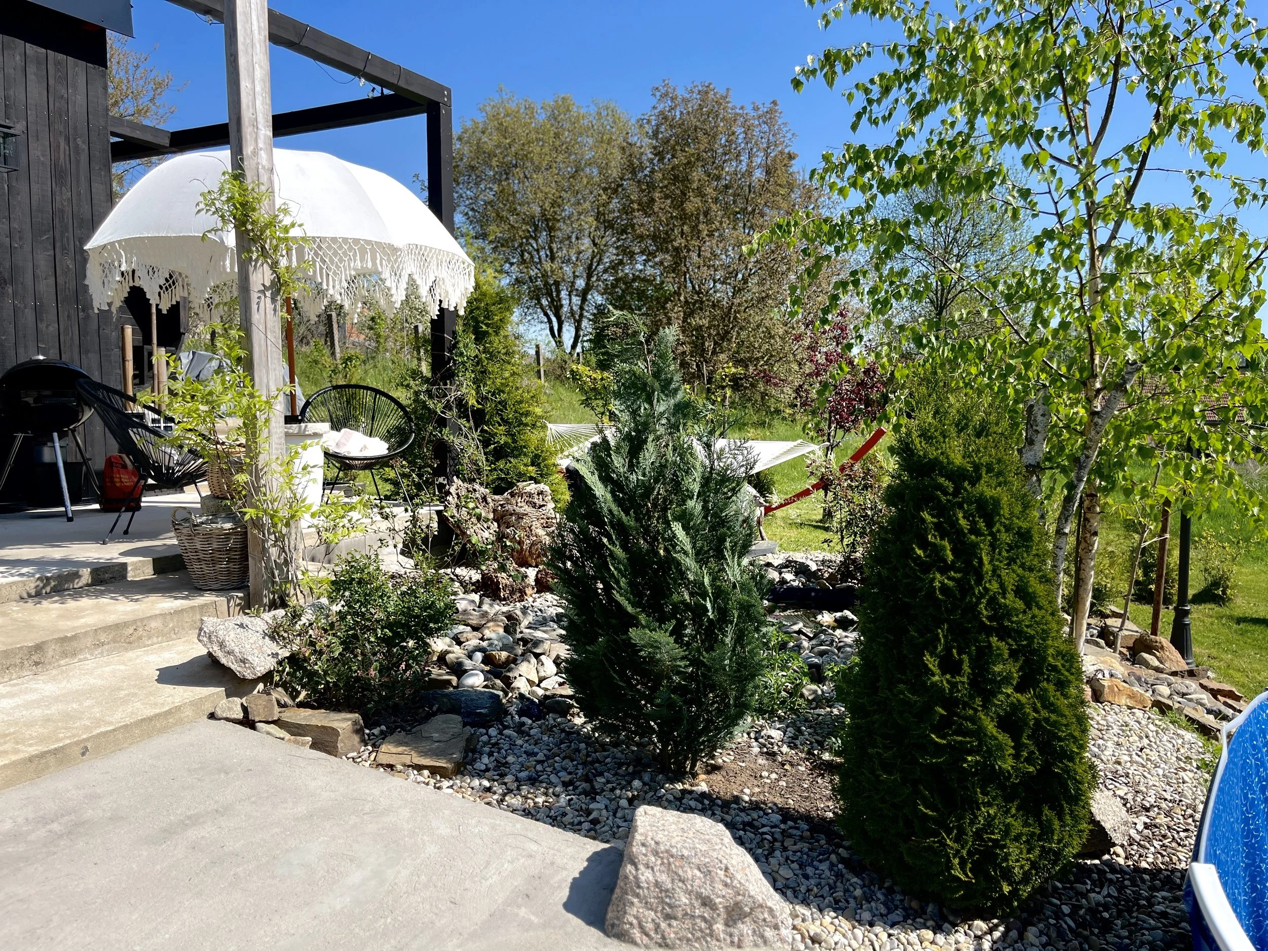 A backyard garden with a paved patio, plants, bushes, and trees under a clear blue sky. There is a black chair, a white decorative umbrella, and outdoor furniture, with stones and rocks in the garden bed.
