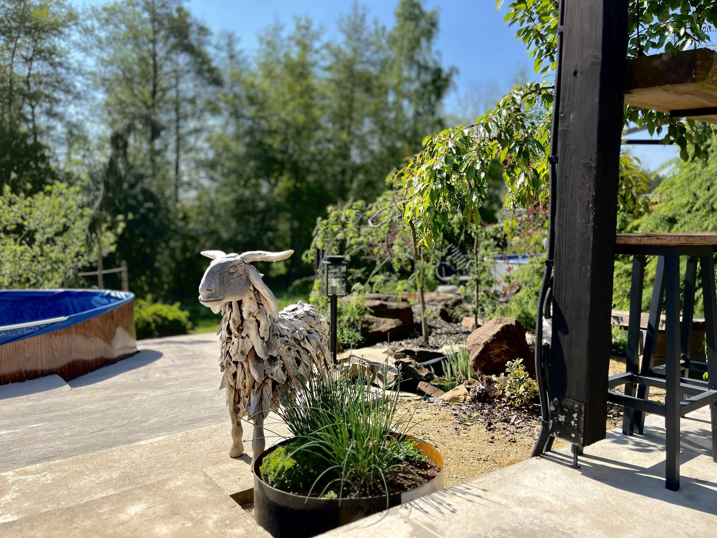 A backyard garden scene with a wooden squirrel sculpture in a large potted plant, a black wooden structure, trees with green leaves, a blue sky, and a partially visible wooden deck.