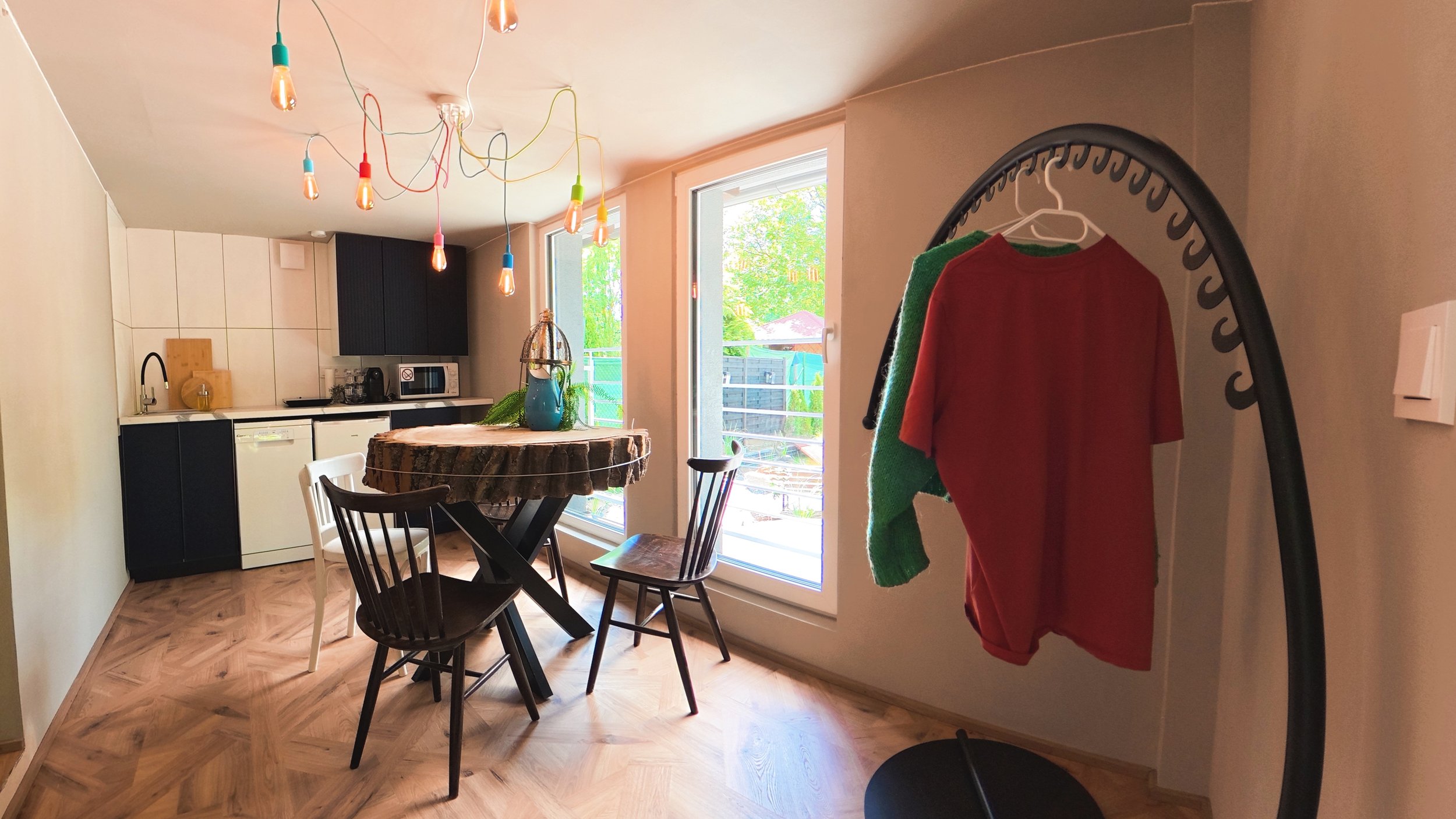 A cozy kitchen and dining area with a round wood table, black and white chairs, colorful hanging light bulbs, a large window with a view of greenery, a black kitchen cabinet, a white dishwasher, and a clothing rack with a red shirt and green sweater hanging on it.