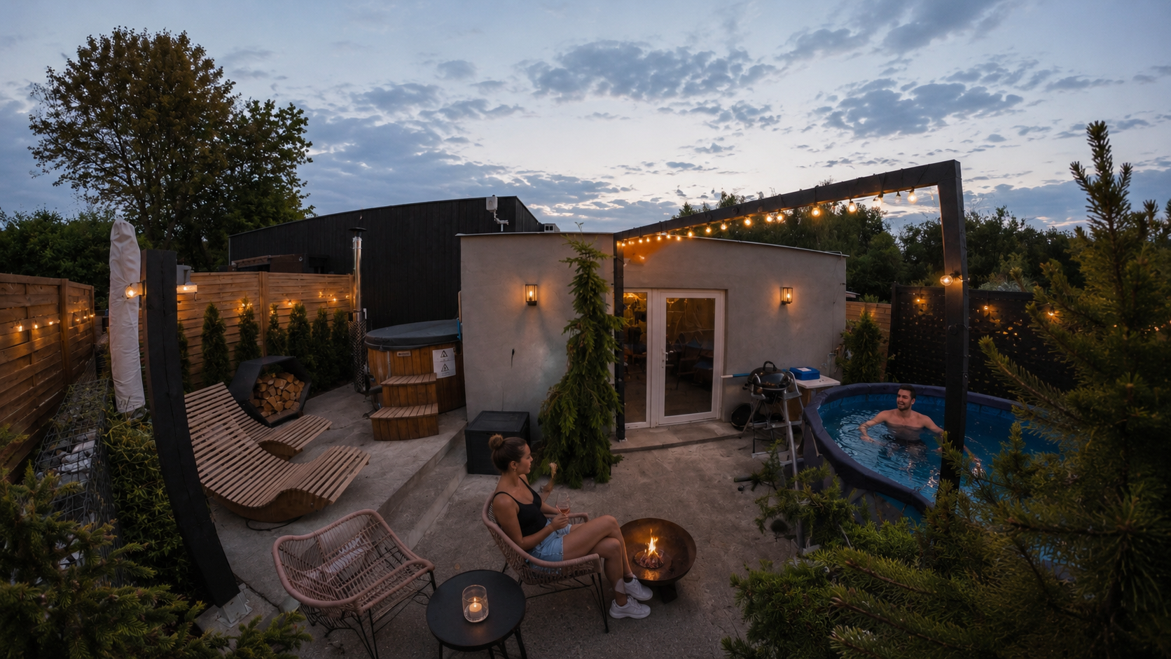 A backyard patio scene during evening with string lights, a hot tub, a small fire pit, two people relaxing, and a woman in a black tank top and shorts sitting with a drink while a man in the hot tub smiles.