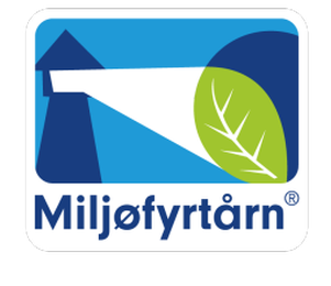 Miljøfyrtårn-logo med et fyrtårn og et grønt blad