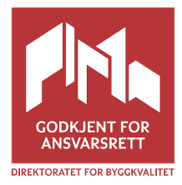 Logo for PIN godkjent for ansvarrett, Direktoratet for byggekvalitet, med hvit tekst og symbol på rød bakgrunn.