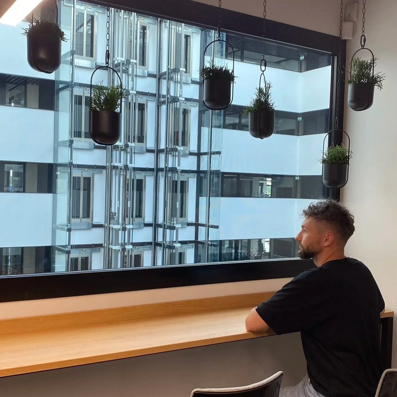 Man with beard in a black shirt sitting by a wooden windowsill, looking out a large window with hanging potted plants, overlooking a neighboring building with a modern exterior and glass balconies.